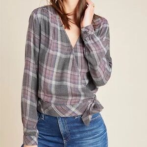 Cloth & Stone Anthropolgie Lara Grey/Pink Plaid Wrap Flannel Long Sleeve Small